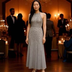 Adrianna Papell Women's Halter‎ Beaded Dress Gown Silver 2 Maid of Honor Evening